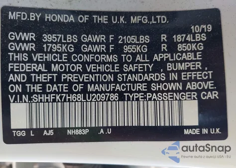 2020 Honda Civic Ex from USA, damaged, VIN SHHFK7H68LU209786